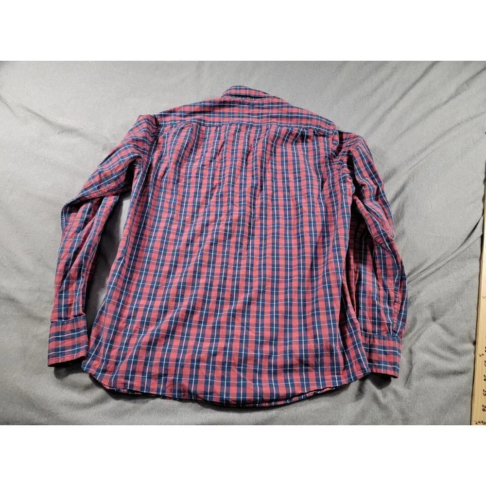 J Crew Button up‎ Shirt Mens Medium Slim Fit Red Blue Plaid Long Sleeve